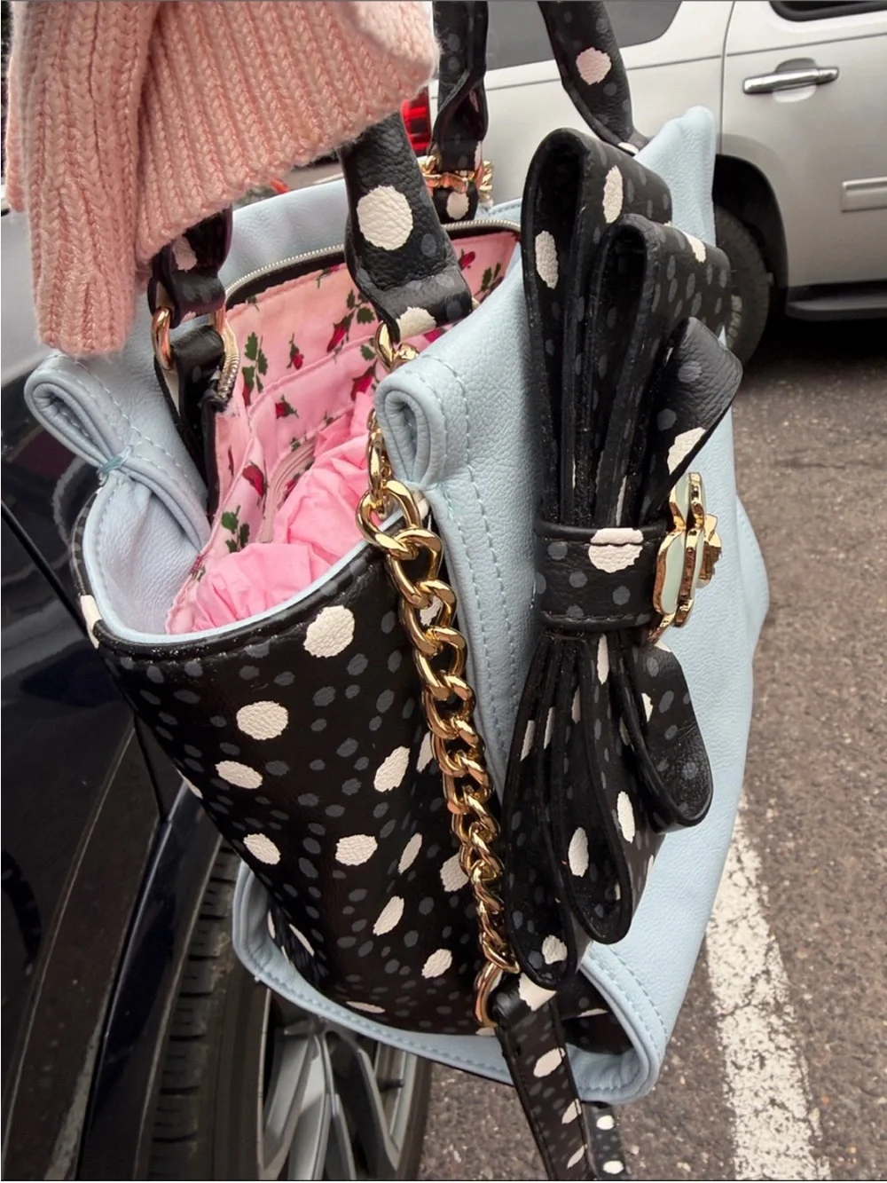 Betsey Johnson Light Blue Satchel with Black & White Polka Dot Accents